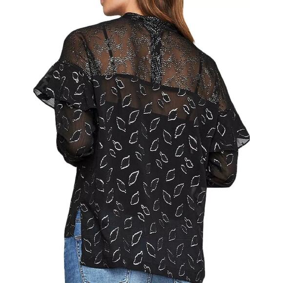 BCBGMaxazria Black Sheer Chiffon Silver Metallic Leaf Print High Neck Blouse - Picture 4 of 15